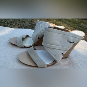 NWT rag & bone leather/fabric ivory/beige wedge slip on sandal Stacked Wood Heel